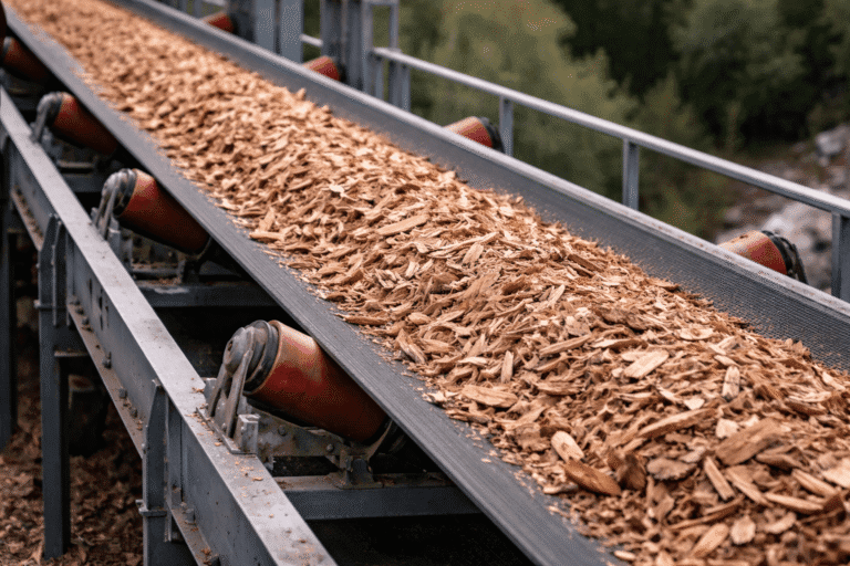 Vežimėlinis transporteris su guminiu dubeniniu transporteriu, skirtas medžio drožlėms transportuoti biomasės jėgainėje