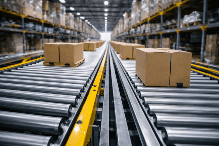 Rullkonveier ajamiga sorteerimiskeskuses transpordib kastid ja alused