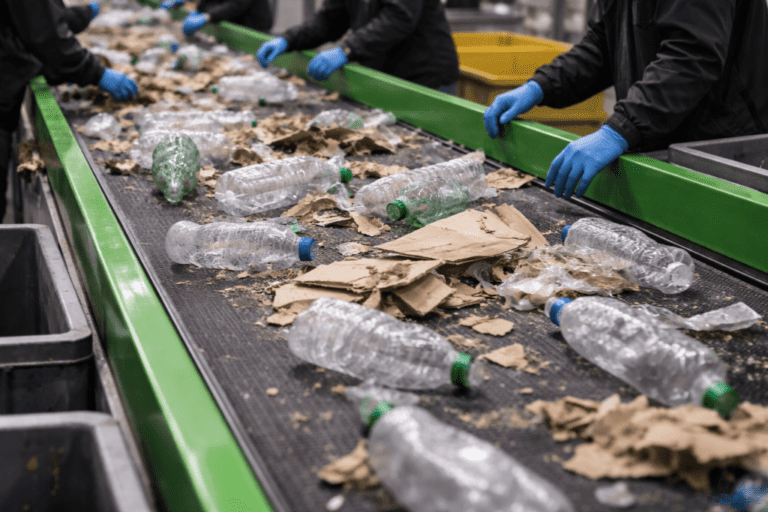 Juostinis transporteris su lygia gumine juosta, skirtas rankiniam atliekų rūšiavimui atliekų centro konvejerių sistemoje