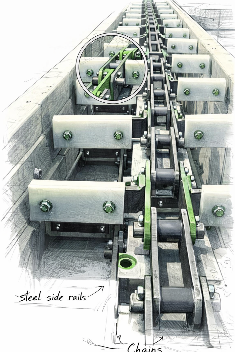 Kraapkonveier kinnises korpuses teravilja transportimiseks tootmises